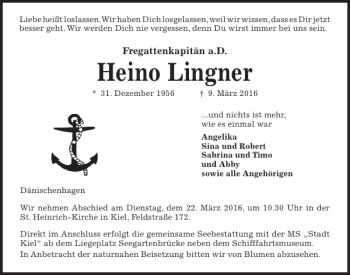 Traueranzeige von Heino Lingner von Kieler Nachrichten / Segeberger Zeitung