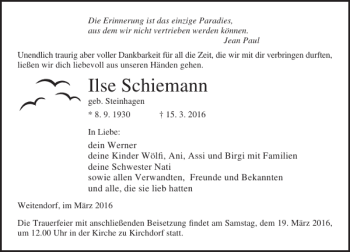 Traueranzeige von Ilse Schiemann von Ostsee-Zeitung
