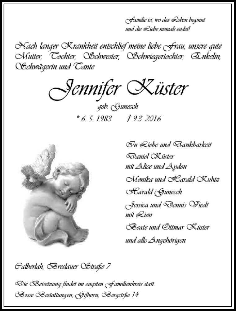 Traueranzeige für Jennifer Küster vom 12.03.2016 aus Aller Zeitung / Wolfsburger Allgemeine