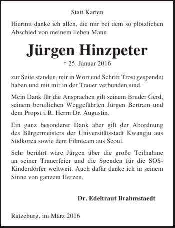 Traueranzeige von Jürgen Hinzpeter von Lübecker Nachrichten