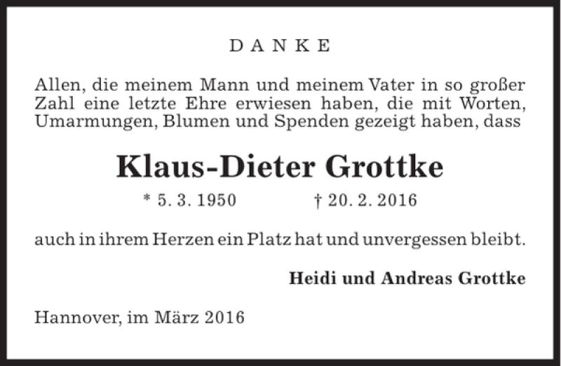  Traueranzeige für Klaus-dieter grottke vom 26.03.2016 aus HAZ/NP