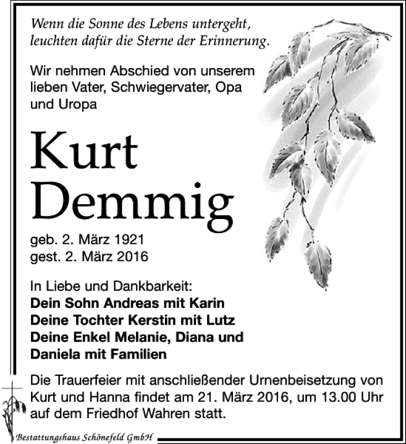  Traueranzeige für Kurt Demmig vom 12.03.2016 aus Leipziger Volkszeitung