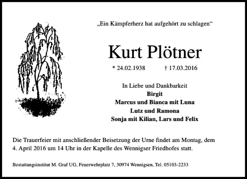  Traueranzeige für Kurt Plötner vom 31.03.2016 aus HAZ/NP