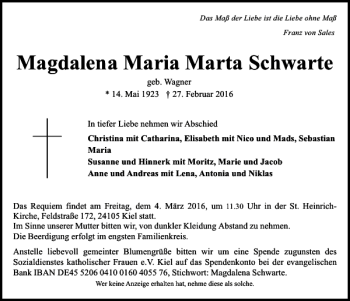 Traueranzeige von Magdalena Maria Marta Schwarte von Kieler Nachrichten / Segeberger Zeitung