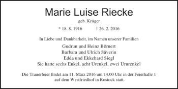 Traueranzeige von Marie Luise Riecke von Ostsee-Zeitung