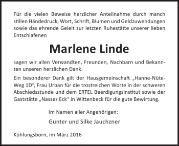 Traueranzeige von Marlene Linde von Ostsee-Zeitung