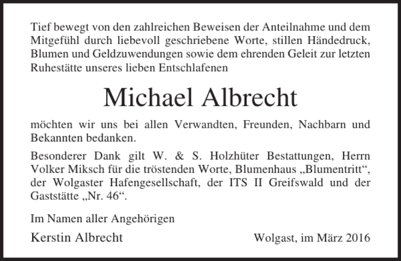  Traueranzeige für Michael Albrecht vom 19.03.2016 aus Ostsee-Zeitung