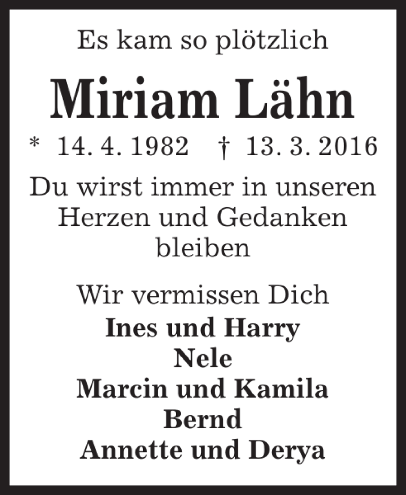  Traueranzeige für Miriam Lähn vom 19.03.2016 aus Kieler Nachrichten / Segeberger Zeitung