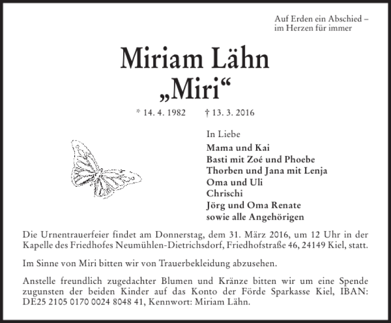  Traueranzeige für Miriam Lähn Miri vom 26.03.2016 aus Kieler Nachrichten / Segeberger Zeitung