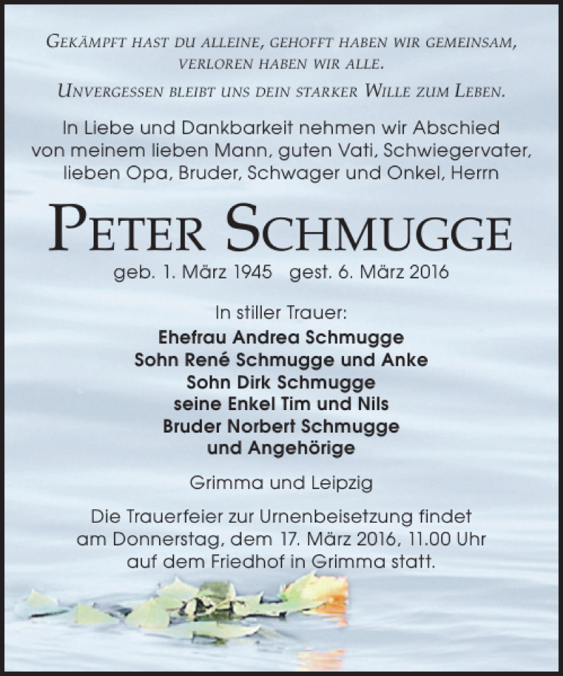  Traueranzeige für Peter Schmugge vom 12.03.2016 aus Leipziger Volkszeitung