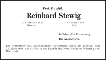 Traueranzeige von Reinhard Stewig von Kieler Nachrichten / Segeberger Zeitung