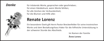 Traueranzeige von Renate Lorenz von Ostsee-Zeitung
