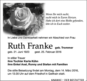 Traueranzeige von Ruth Franke von Leipziger Volkszeitung
