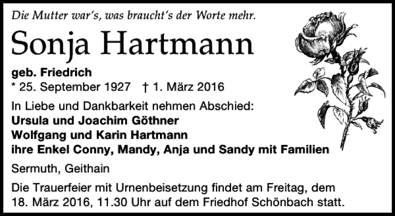  Traueranzeige für Sonja Hartmann vom 05.03.2016 aus Leipziger Volkszeitung