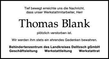 Traueranzeige von Thomas Blank von Leipziger Volkszeitung