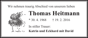 Traueranzeige von Thomas Heitmann von Ostsee-Zeitung