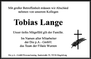 Traueranzeige von Tobias Lange von Leipziger Volkszeitung