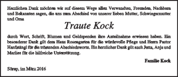 Traueranzeige von Traute Kock von Lübecker Nachrichten