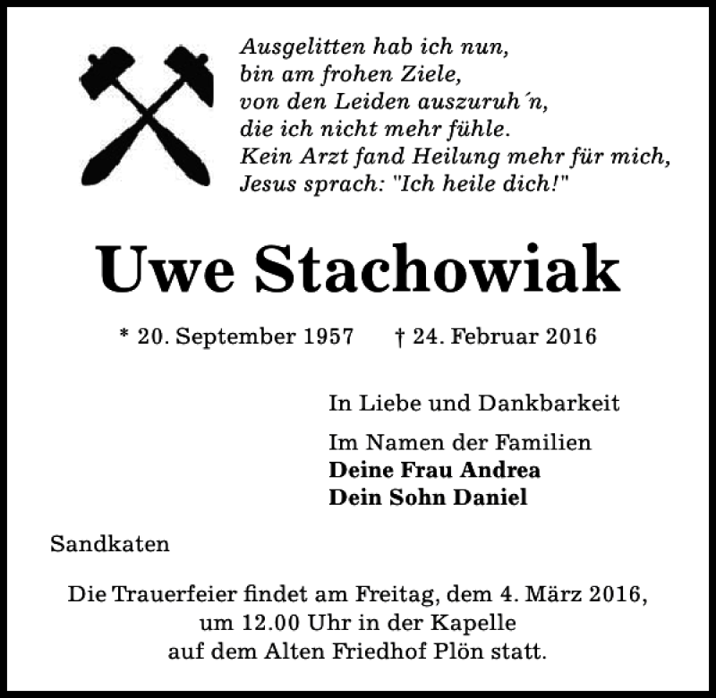  Traueranzeige für Uwe Stachowiak vom 02.03.2016 aus Kieler Nachrichten / Segeberger Zeitung