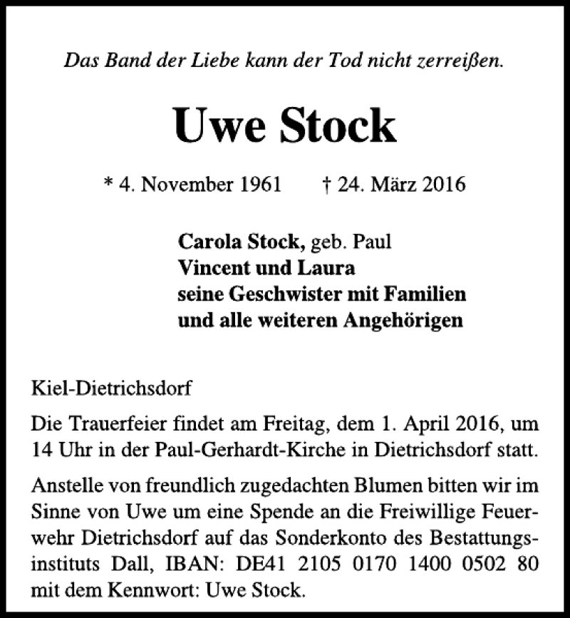  Traueranzeige für Uwe Stock vom 29.03.2016 aus Kieler Nachrichten / Segeberger Zeitung