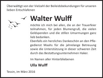 Traueranzeige von Walter Wulff von Ostsee-Zeitung