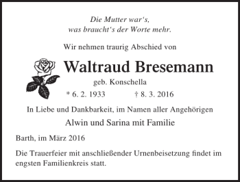 Traueranzeige von Waltraud Bresemann von Ostsee-Zeitung