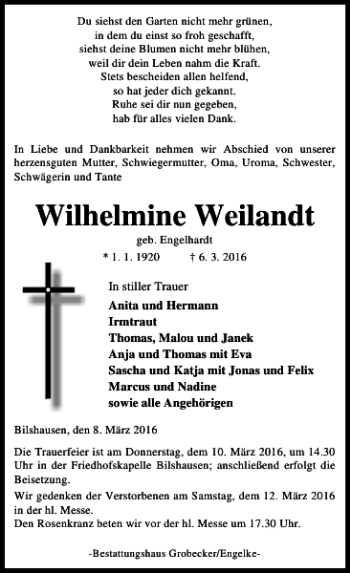 Traueranzeige von Wilhelmine Weilandt von Eichsfelder Tageblatt