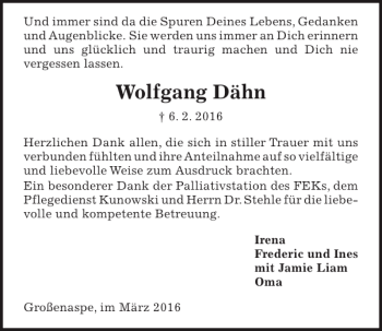 Traueranzeige von Wolfgang Dähn von Kieler Nachrichten / Segeberger Zeitung