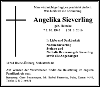 Traueranzeige von Angelika Sieverling von Peiner Allgemeine Zeitung