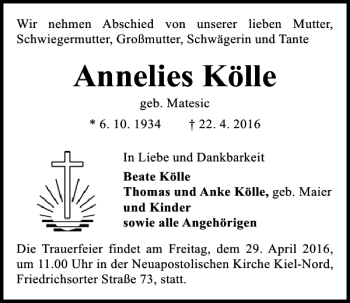 Traueranzeige von Annelies Kölle von Kieler Nachrichten / Segeberger Zeitung