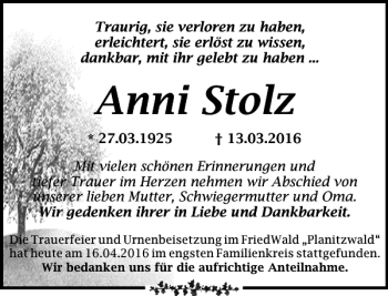 Traueranzeige von Anni Stolz von Leipziger Volkszeitung