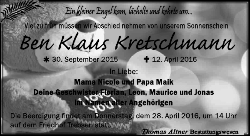  Traueranzeige für Ben Klaus Kretschmann vom 23.04.2016 aus Leipziger Volkszeitung