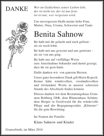Traueranzeige von Benita Sahnow von Ostsee-Zeitung