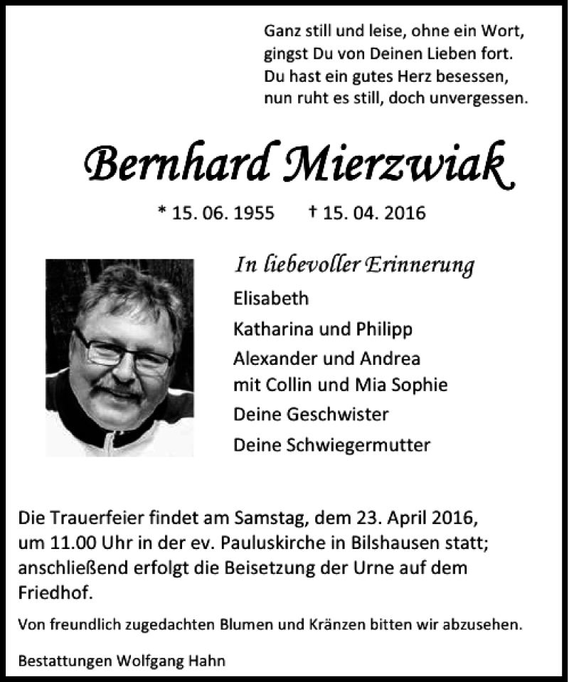  Traueranzeige für Bernhard Mierzwiak vom 20.04.2016 aus Eichsfelder Tageblatt