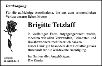 Traueranzeige von Brigitte Tetzlaff von Ostsee-Zeitung