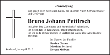 Traueranzeige von Bruno Johann Pettirsch von Ostsee-Zeitung