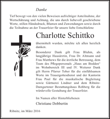 Traueranzeige von Charlotte Schittko von Ostsee-Zeitung