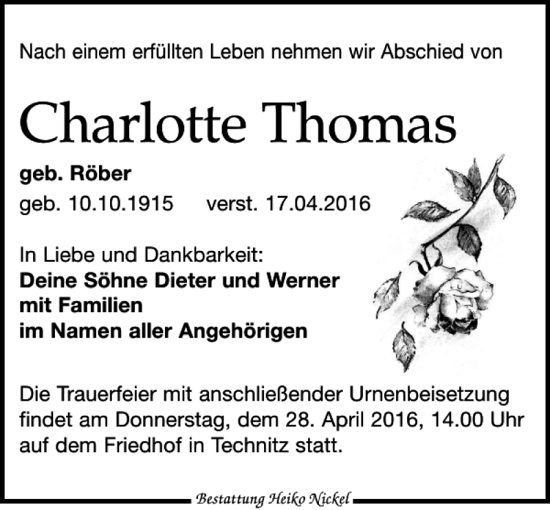  Traueranzeige für Charlotte Thomas vom 23.04.2016 aus Leipziger Volkszeitung