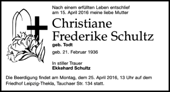 Traueranzeige von Christiane Frederike Schultz von Leipziger Volkszeitung