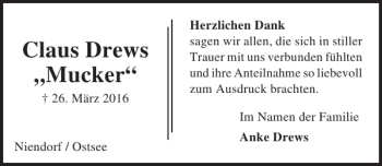 Traueranzeige von Claus Drews Mucker von Lübecker Nachrichten