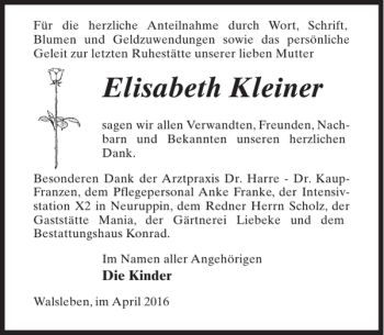 Traueranzeige von Elisabeth Kleiner von MAZ-Trauer.de