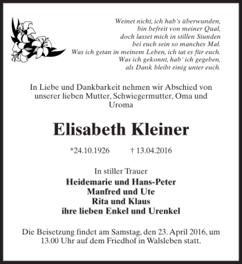 Traueranzeige von Elisabeth Kleiner von MAZ-Trauer.de