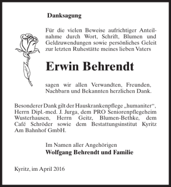 Traueranzeige von Erwin Behrendt von MAZ-Trauer.de