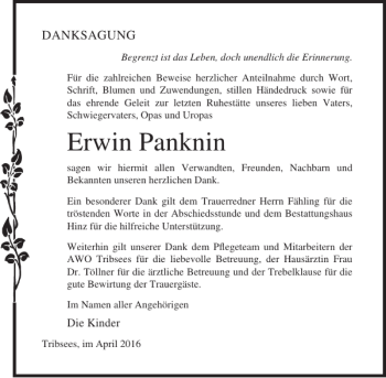 Traueranzeige von Erwin Panknin von Ostsee-Zeitung