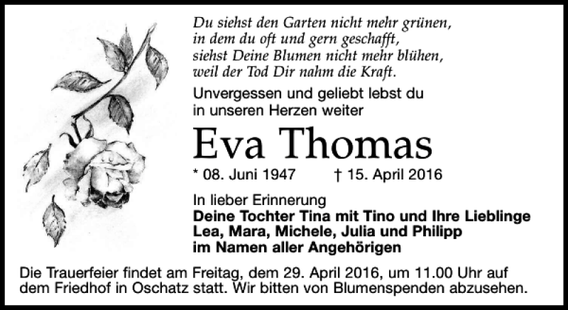  Traueranzeige für Eva Thomas vom 27.04.2016 aus Leipziger Volkszeitung