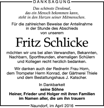Traueranzeige von Fritz Schlicke von Leipziger Volkszeitung
