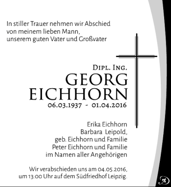 Traueranzeige von Georg Eichhorn von Leipziger Volkszeitung