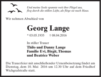 Traueranzeige von Georg Lange von MAZ-Trauer.de