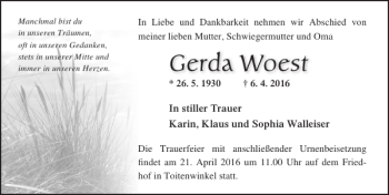 Traueranzeige von Gerda Woest von Ostsee-Zeitung
