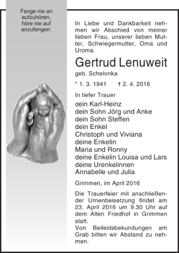 Traueranzeige von Gertrud Lenuweit von Ostsee-Zeitung